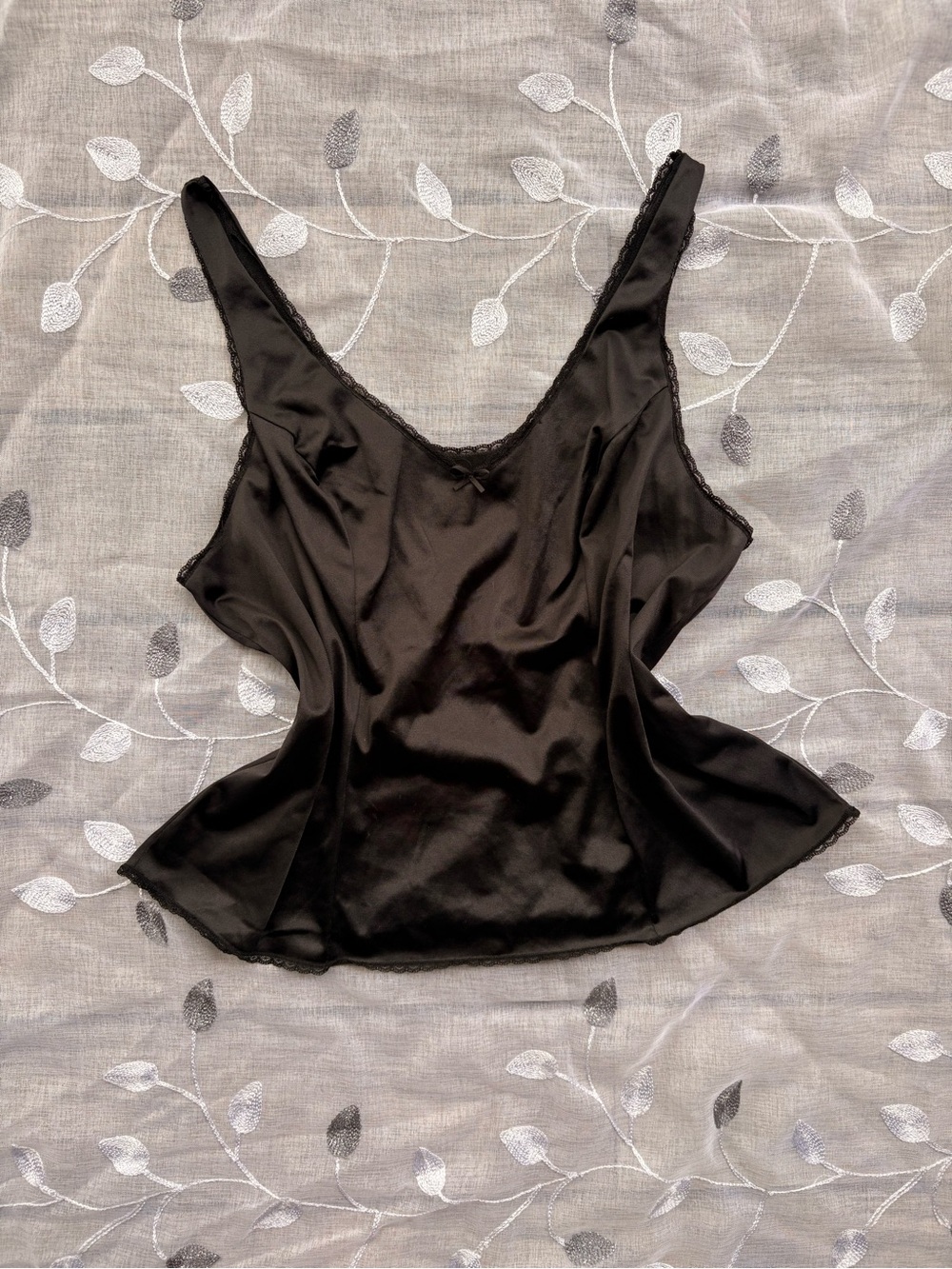 Vintage Vassarette Black Satin Lace Trim Camisole Tank Top w/ Bow Size XL